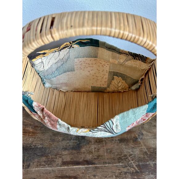 Vintage Rattan and Barkcloth Top Handle Purse | 70's Purse Handbag - Picture 6 of 9